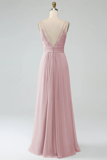Dusty Rose A-Line Spaghetti Straps Pleated Chiffon Long Bridesmaid Dress